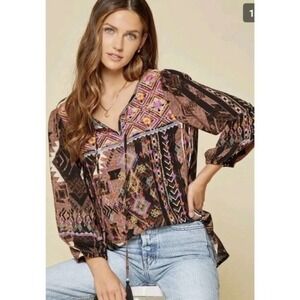 SAVANNA JANE Womens Embriodered Tassel Geometric Print Boho Tassel Tunic Sz S
